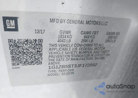 2018 Chevrolet Malibu 1Ls z USA, uszkodzony, nr VIN 1G1ZB5ST3JF172892